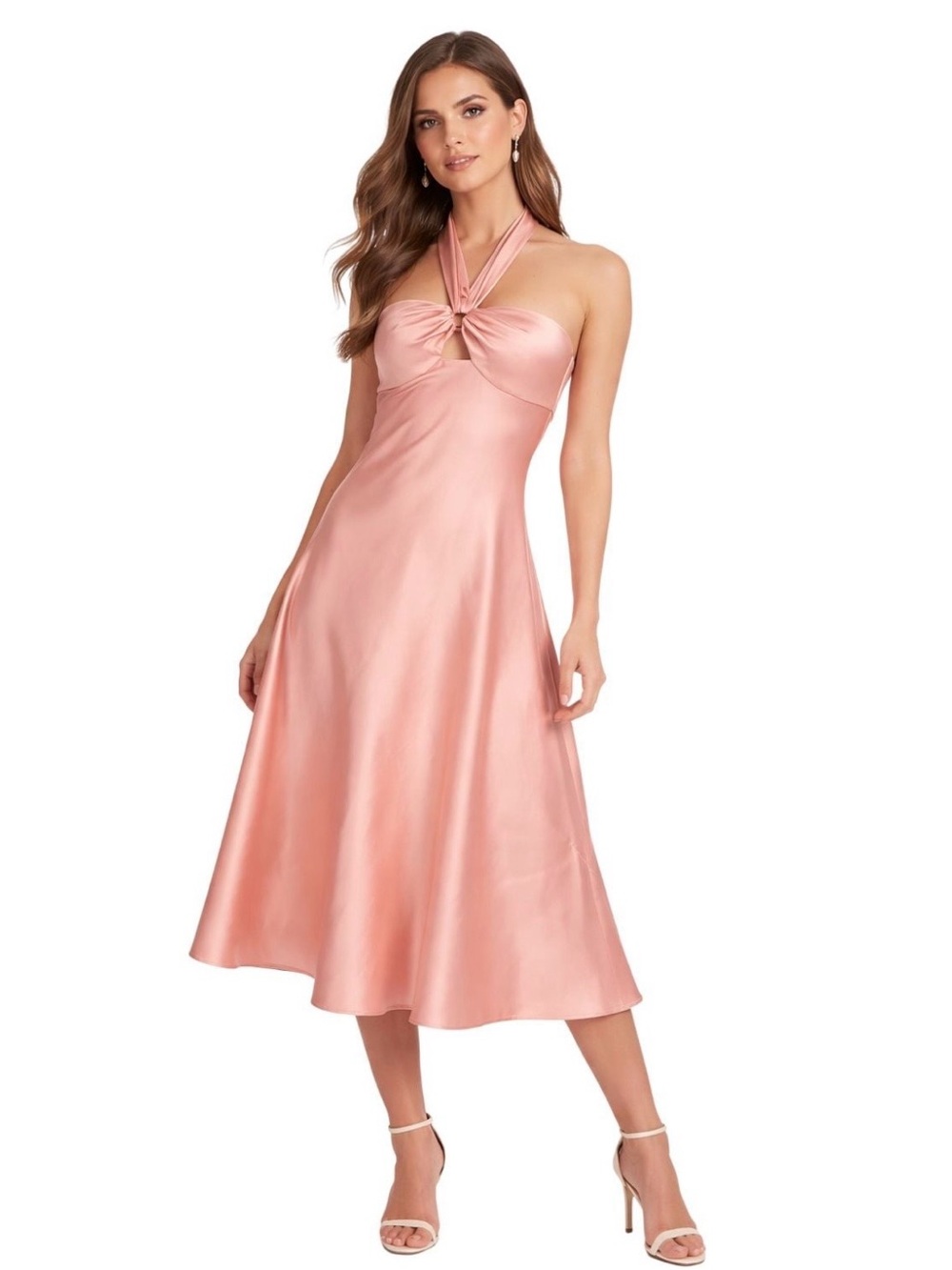 Jonathan Simkhai Peach Pink Sateen Halter Midi Dress - Sz 8